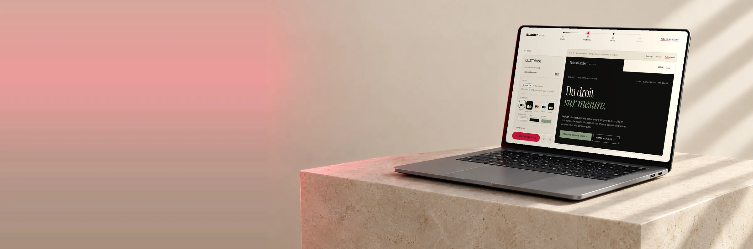 The BLACKT Studio journey open on a laptop: a law firm website being customised, with the firm name, the colours and the typefaces on the left and the mock-up on the right.